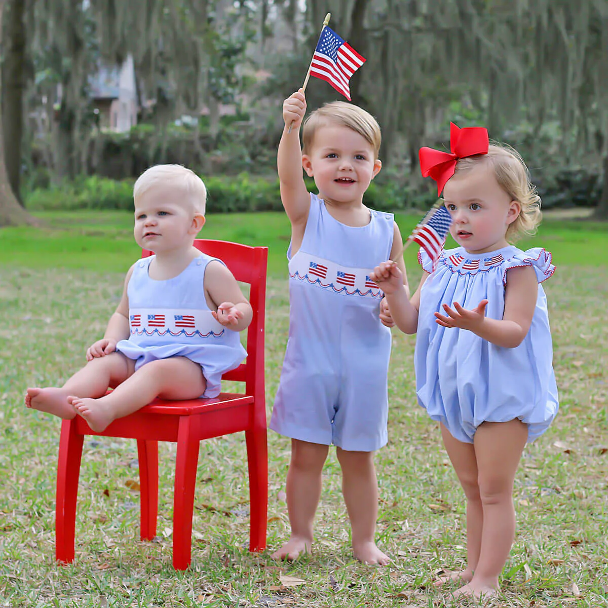 Light Blue Gingham Flag Smocked Bubble - Image 4